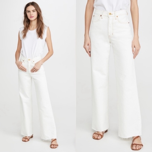 SLVRLAKE Grace Natural White High Waisted Wide Leg Raw Hem Jeans Size 26